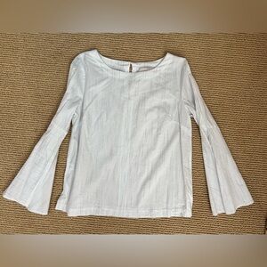 Women's LOFT Bell Sleeve White Black Green Striped Cotton Semi-Sheer Blouse Top